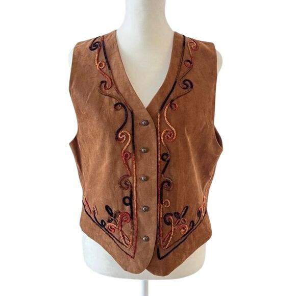 Ali Miles Tops - Vintage Ali Miles Brown Suede-Look Embroidered Vest Western Boho USA Made Size M